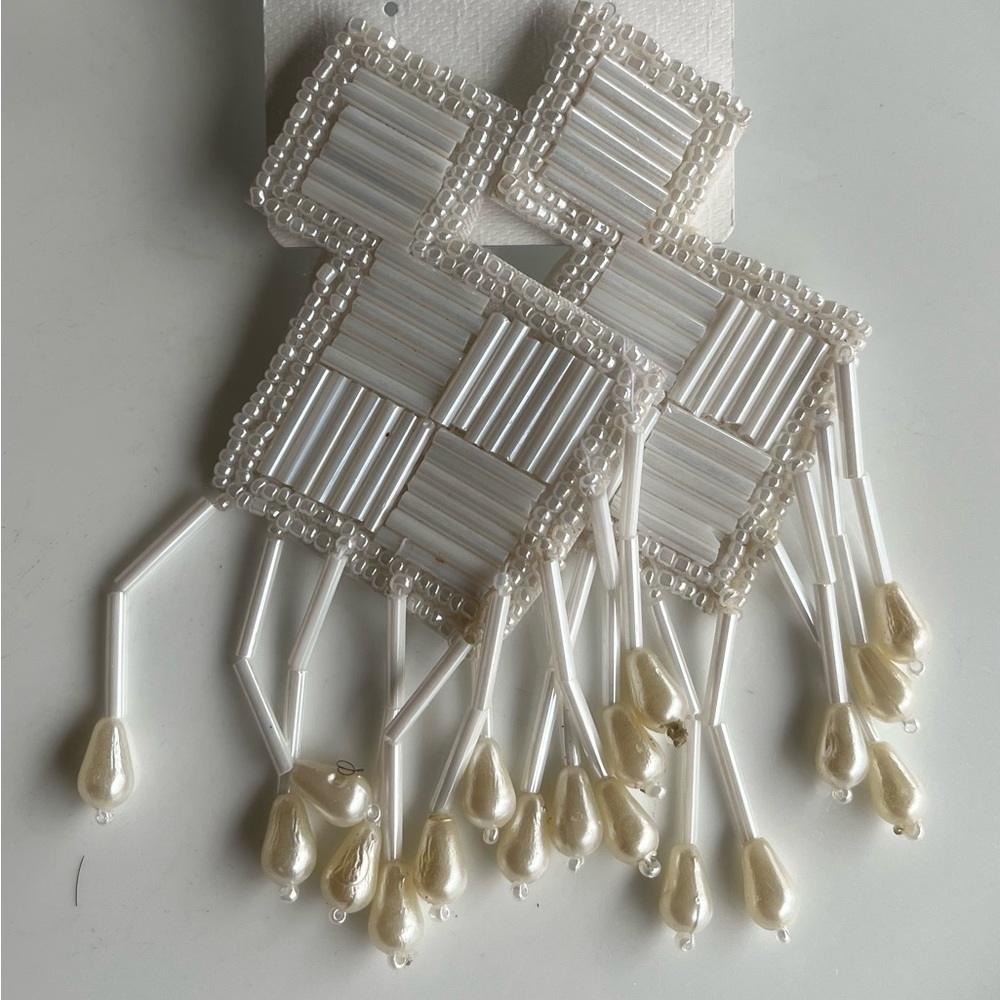 Indian Artisan Handcrafted White Beaded Earrings Boho Summer Jewelry